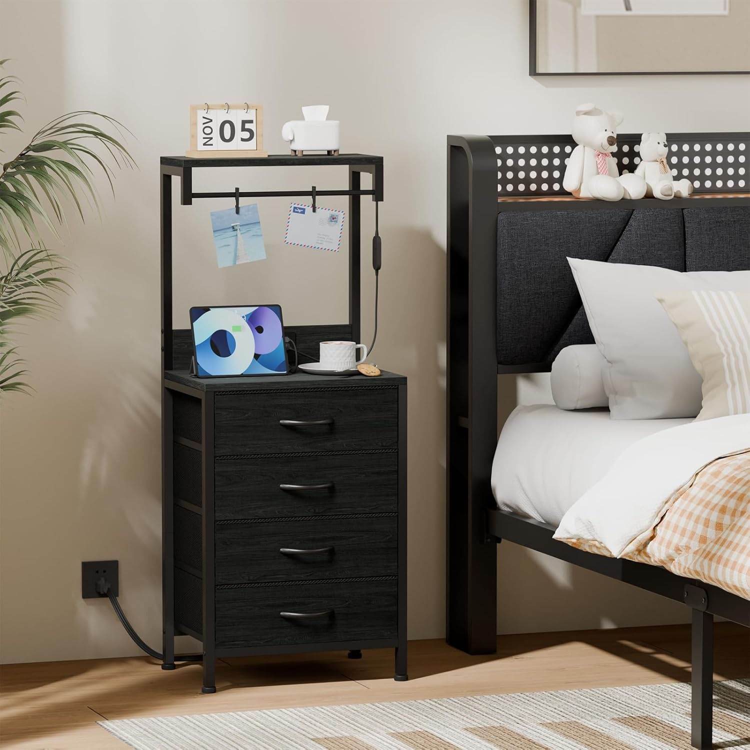 Elegant Tall Nightstand with Integrated Charging Station, LED Lighting, and Ample Storage Shelves, Versatile Bedside Table for Bedroom, Hallway, or Office, Featuring 4 Fabric Drawers in Black Oak Finish