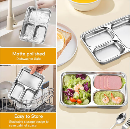 2 Pcs Stainless Steel Kids Plates Set, Toddler Baby Adults Divided Plate, Portion Control Plates for Bariatric & Diabetic Diet, Non Toxic Camping Metal Snack Plate for Eating, Easy to Clean, Silver