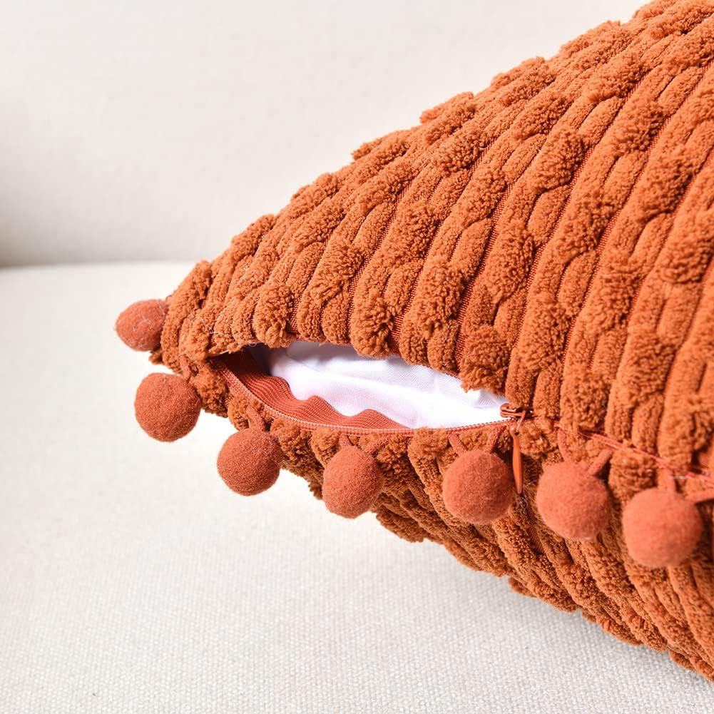 Set of 2 Rust Decorative Throw Pillow Covers 18X18 Inch with Pom-Poms for Couch Bed Sofa, Modern Farmhouse Boho Home Decor, Soft Plush Corduroy Terracotta Cushion Case 45X45 Cm