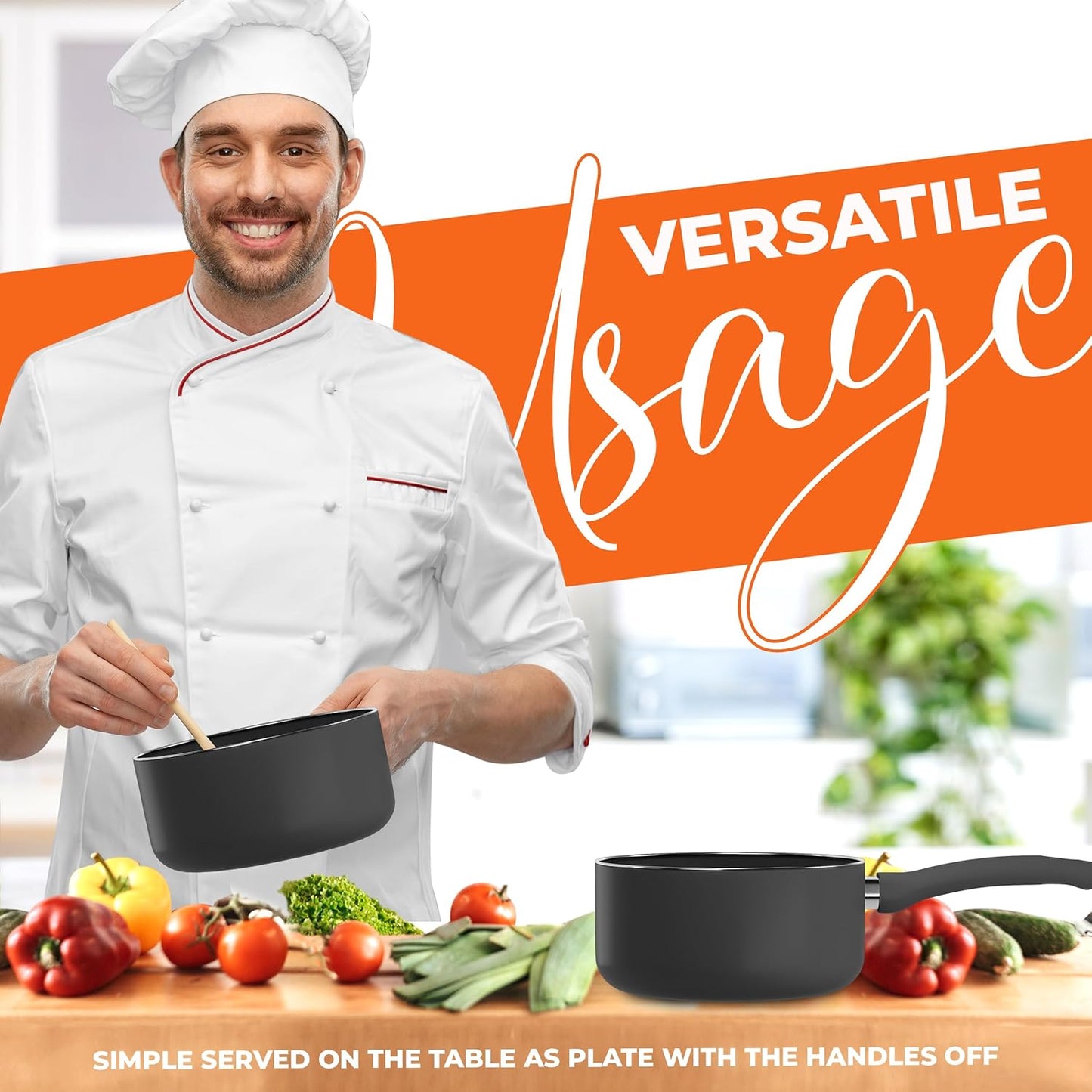 2 Quart Detachable Handle Nonstick Saucepan with Glass Lid, Multipurpose Use for Home, Kitchen or Restaurant, Grey & Black