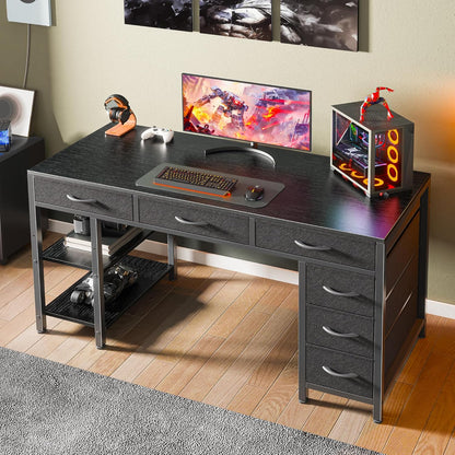 47-Inch Computer Desk with 6 Drawers and Shelves, Versatile Reversible Gaming and Corner Desk with Storage for Home Office, Study, and Living Room, Black