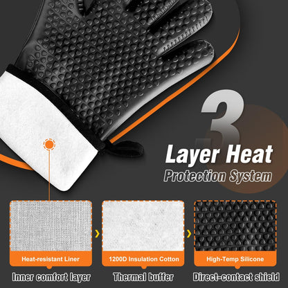 Silicone BBQ Gloves - Heat Resistant Grilling Gloves, Premium Non-Slip Kitchen Silicone Oven Mitt with Protective Cotton Layer Inside, Waterproof, Great for Grilling, Kitchen and Cooking, Black