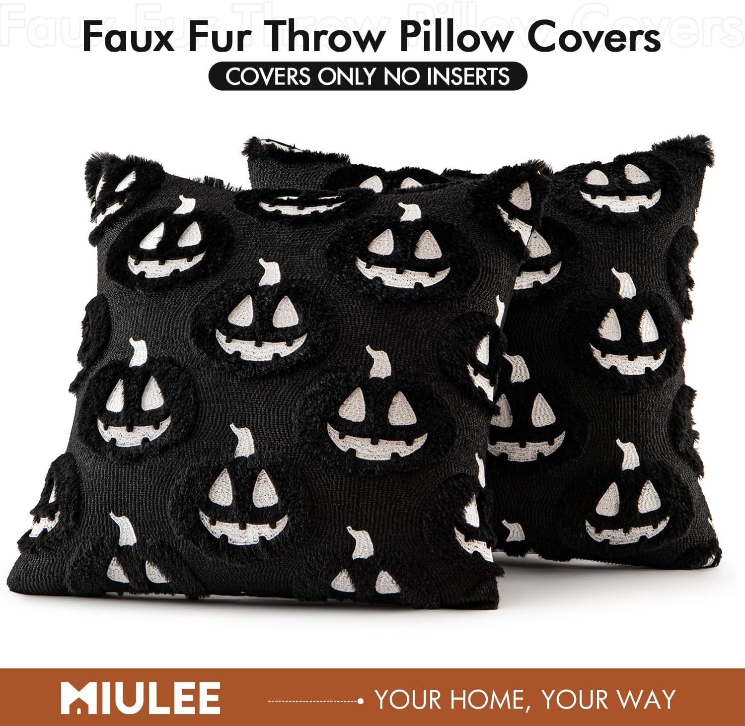 Fall Halloween Throw Pillow Covers 18X18 Decorative Pumpkin Pattern Pillowcases Soft Plush Faux Wool Cushions for Home Patio Sofa Couch,Black