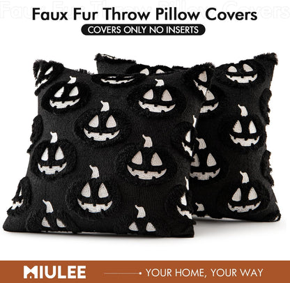 Fall Halloween Throw Pillow Covers 18X18 Decorative Pumpkin Pattern Pillowcases Soft Plush Faux Wool Cushions for Home Patio Sofa Couch,Black