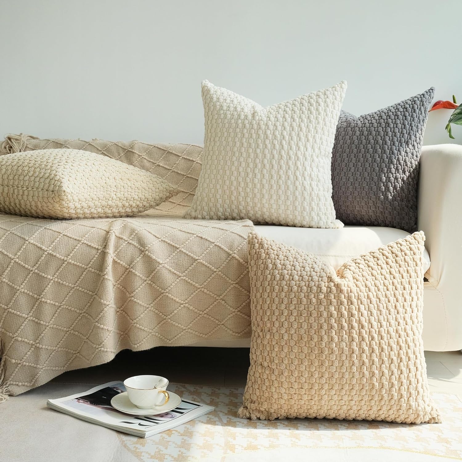 Pack of 4 Neutral Decorative Throw Pillow Covers Farmhouse Boho Home Decor Striped Corduroy Square Pillowcases 18 X 18 Inch