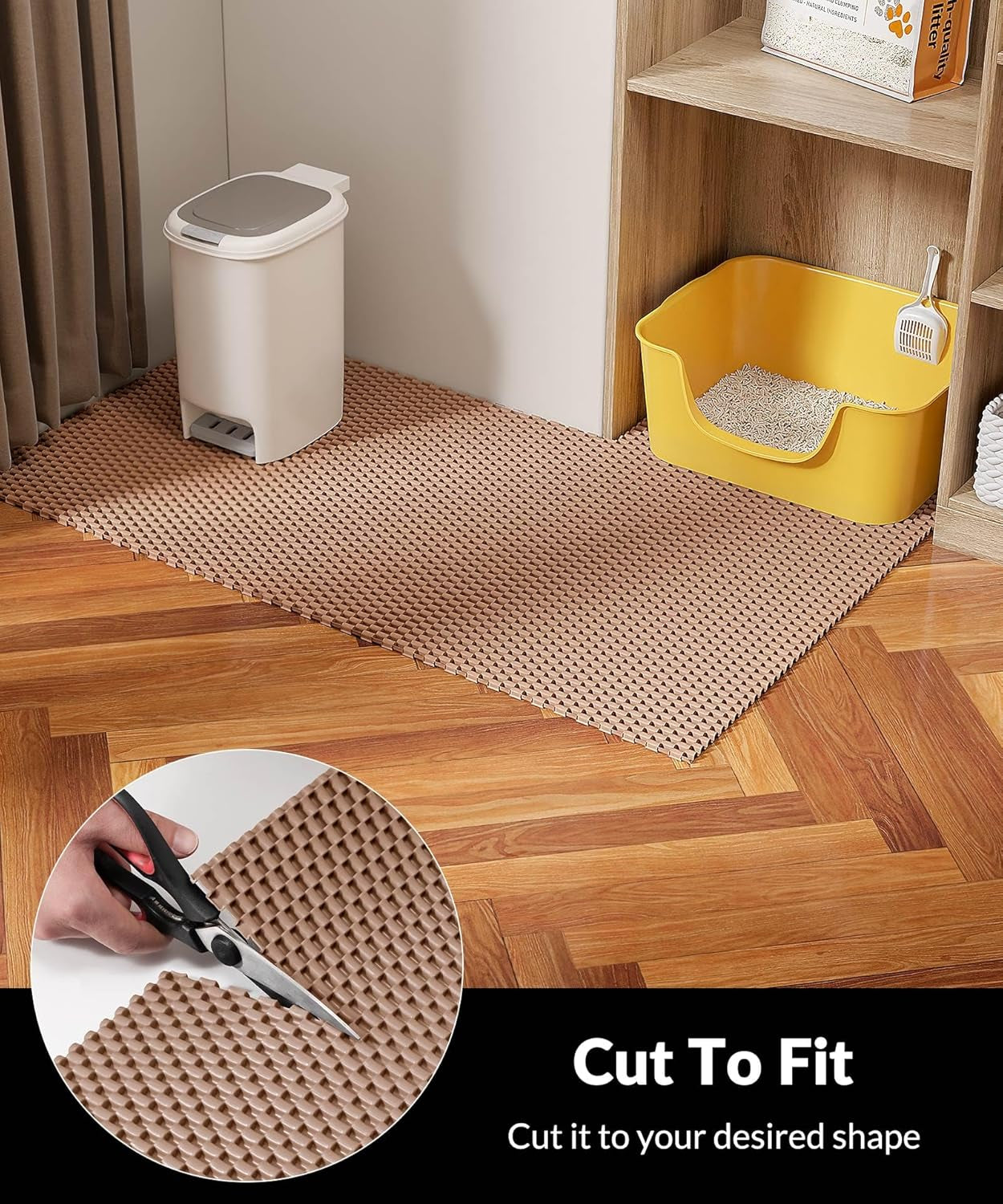 Cat Litter Mat - Cut to Fit Any Place, 35"X23" Large Litter Trapping Mat for Litter Box, Easy to Clean, Waterproof & Non-Slip Kitty Pad, Scatter Control to Protect the Floor (Khaki)