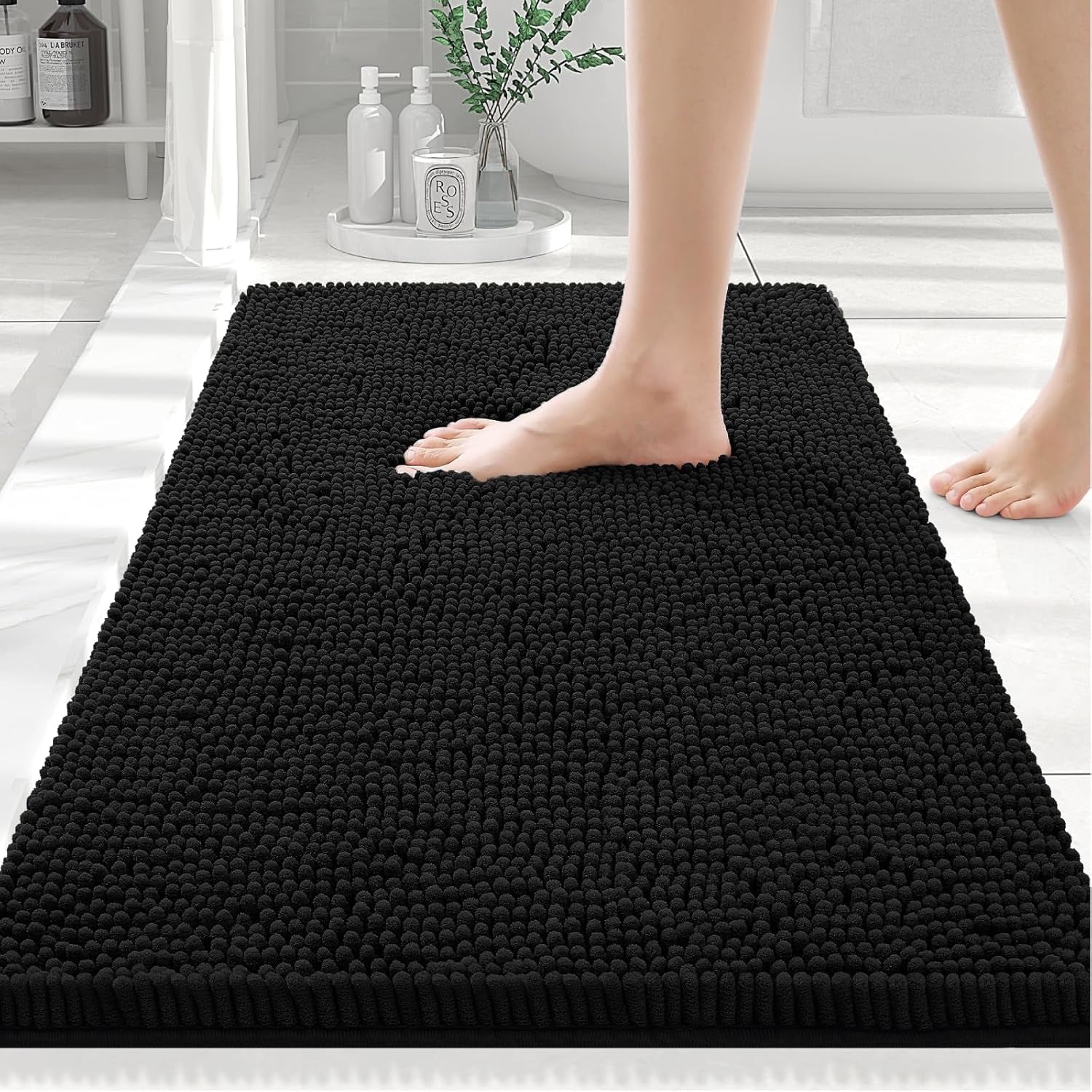 Rectangle Table Cloth 60X84 and Luxury Chenille Bath Rug 24X16,Black