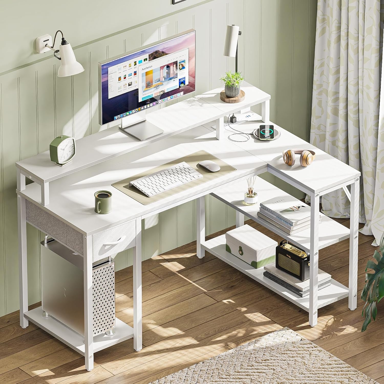 47-Inch Reversible L-Shaped Desk with LED Lighting and Power Outlets, Featuring Shelves, Monitor Stand, Drawer, and PU White Finish for Home Office and Gaming Use