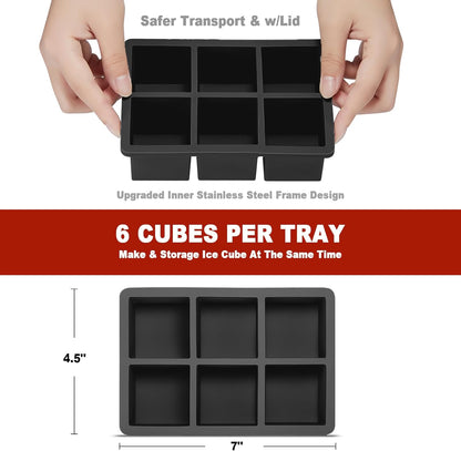 Large Ice Cube Tray with Lid Pack of 2, Stackable 2 Inch Big Silicone Square Ice Cube Mold for Whiskey Cocktails Bourbon Soups Frozen Treats, BPA Free