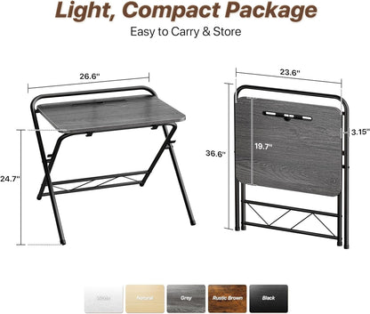 Folding Desk with Adjustable Height and Tablet Slot, 24-Inch Compact Computer Desk for Small Spaces, Space-Saving Writing Table for Home Office, Bedroom, and Study, Grey