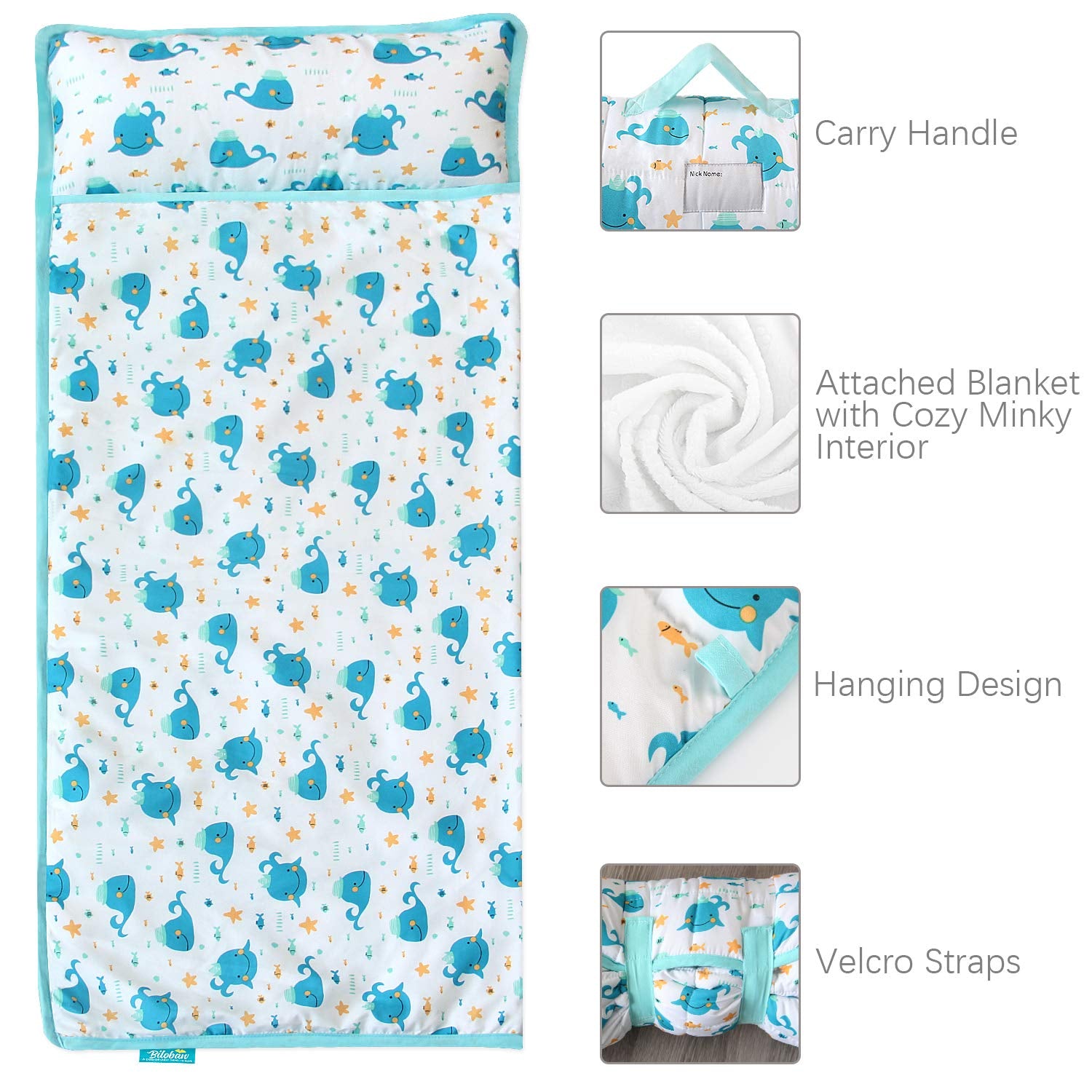 Toddler Nap Mat with Pillow and Blanket, Cot Nap Mats for Daycare Preschool, Lightweight Portable Travel Sleeping Bag for Kids, Warm & Skin-Friendly, Blue Whale, 50" X 21"