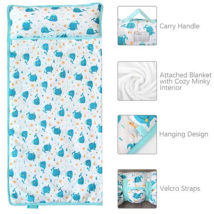 Toddler Nap Mat with Pillow and Blanket, Cot Nap Mats for Daycare Preschool, Lightweight Portable Travel Sleeping Bag for Kids, Warm & Skin-Friendly, Blue Whale, 50" X 21"