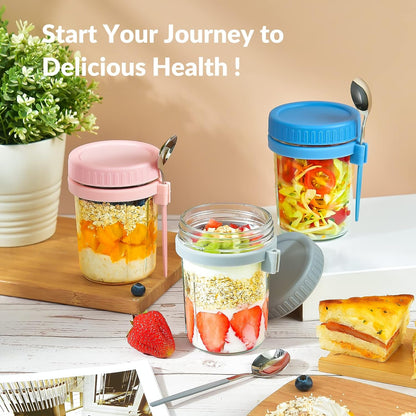 Set of 4 Leak-Proof 16 Oz Glass Mason Jars with Lids and Spoons for Overnight Oats, Cereal, Fruits, Vegetables, Milk, Salad, Yogurt, and Meal Prep