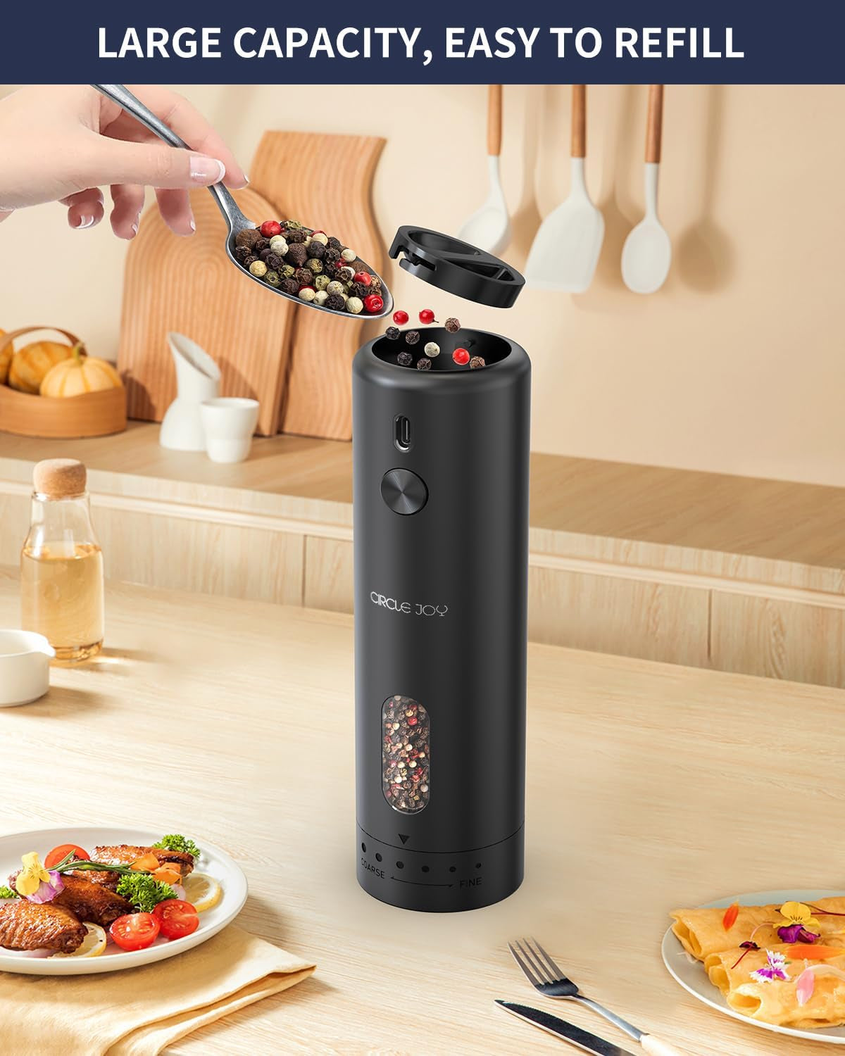 Electric Pepper Grinder Rechargeable, Automatic Pepper Mill with 110Ml Container, External Adjustable Coarseness, White Led Light and One-Handed Operation, Black