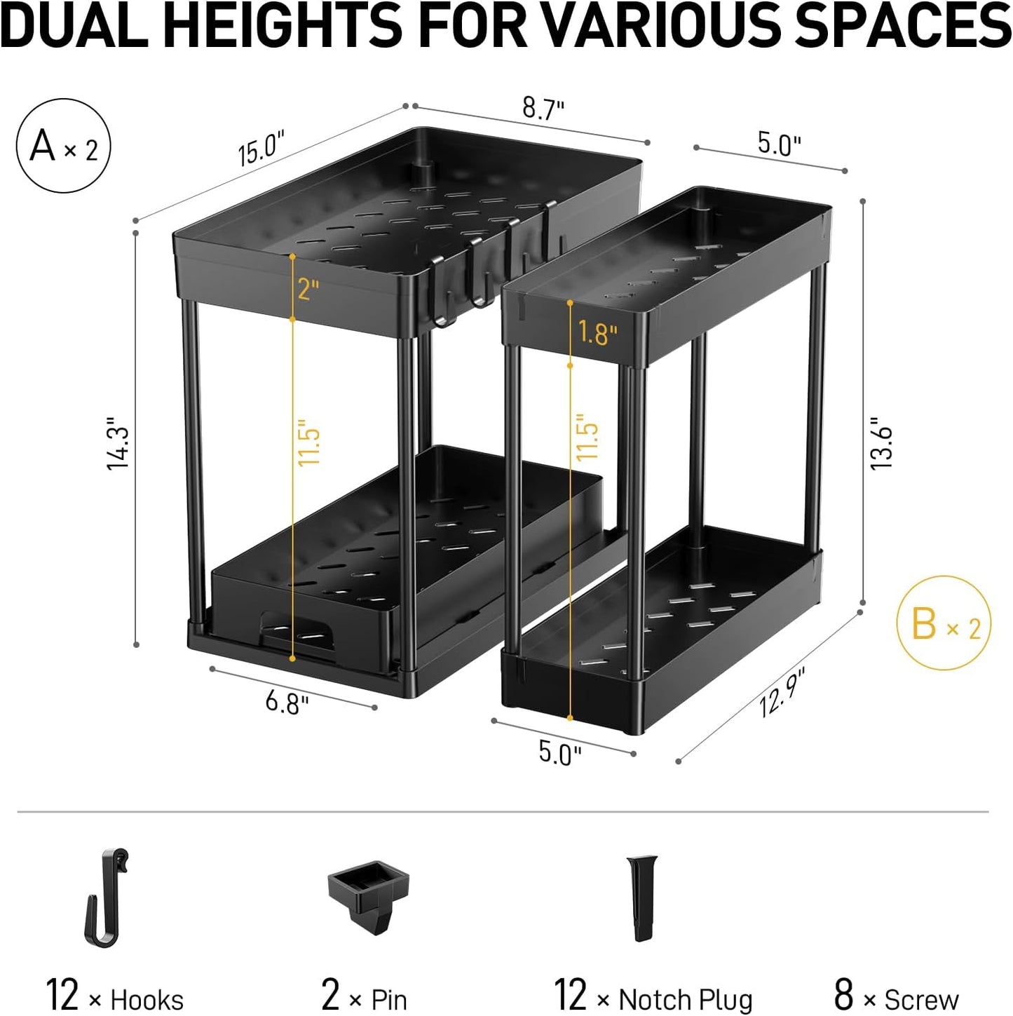 4 Pack under Sink Organizers and Storage, 2 Tier Black Bathroom Cabinet Organizer, Multi-Use Kitchen Bathroom Organizers and Storage