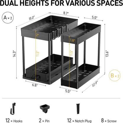 4 Pack under Sink Organizers and Storage, 2 Tier Black Bathroom Cabinet Organizer, Multi-Use Kitchen Bathroom Organizers and Storage