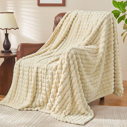 Beige Throw Blanket for Couch and Bed- Super Soft and Warm 3D Checkered Fluffy Fuzzy Fleece Blanket, Luxurious Plush Cozy Blanket for Room Decor Spring, 50X60 Inches