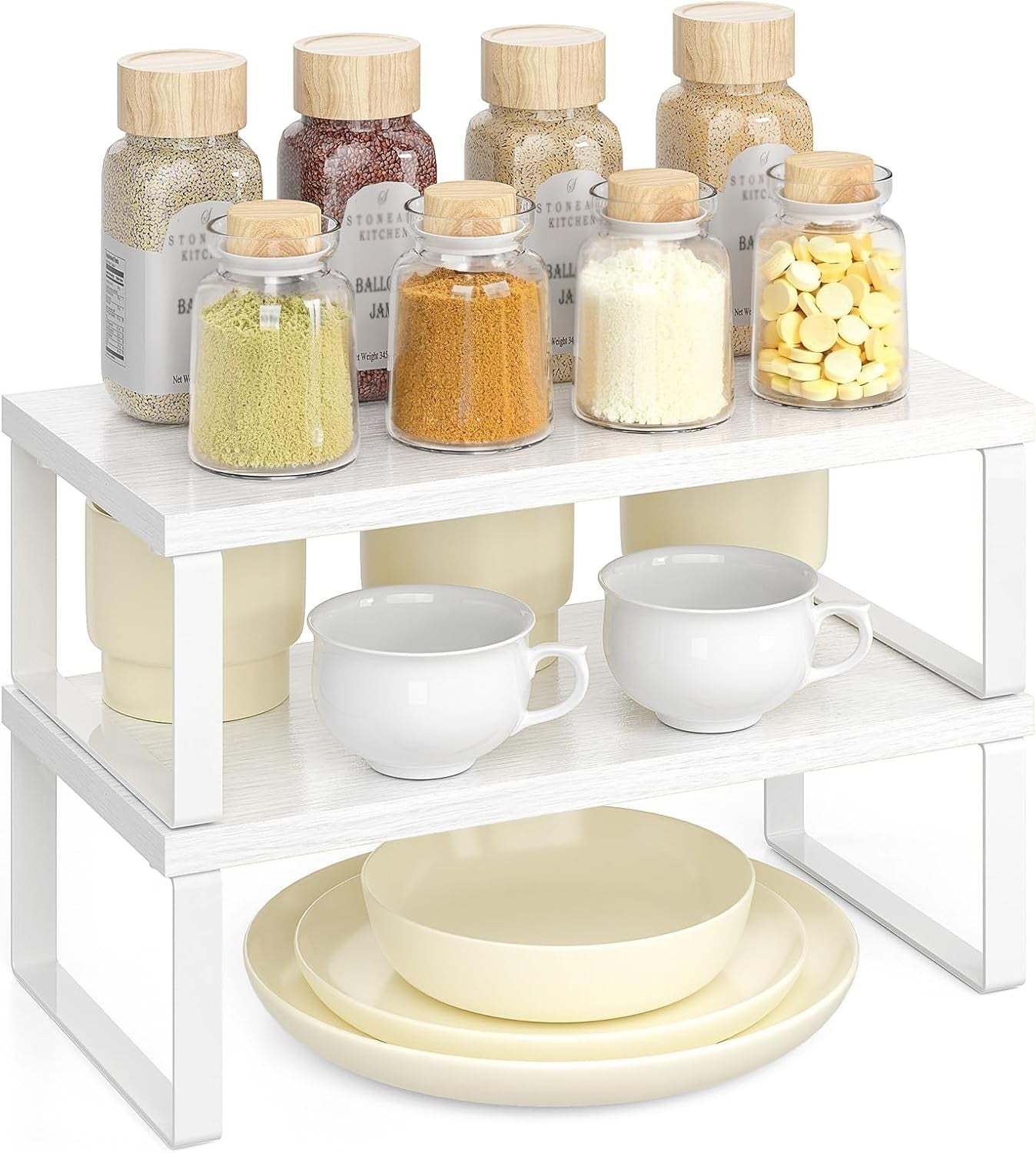 Cabinet Organizer Shelf, Set of 2 Stackable Wooden Spice Racks for Kitchen Counter, Pantry Storage, or Office – Space-Saving Shelves, Side-By-Side & Vertical, White