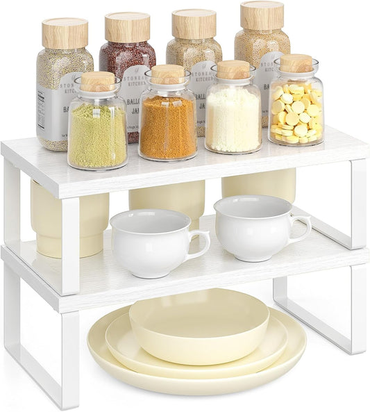 Cabinet Organizer Shelf, Set of 2 Stackable Wooden Spice Racks for Kitchen Counter, Pantry Storage, or Office – Space-Saving Shelves, Side-By-Side & Vertical, White