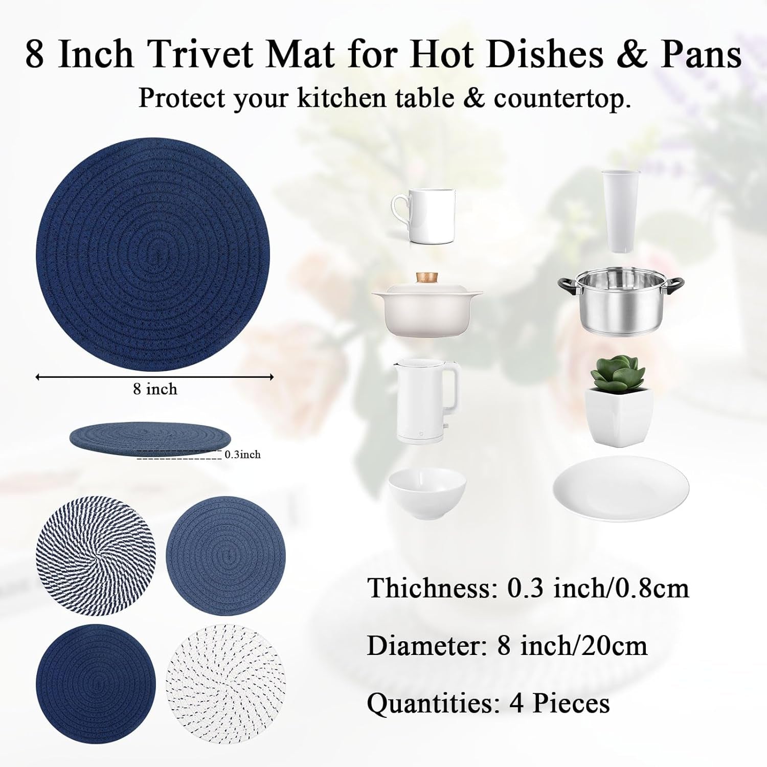 8 Inches Trivets for Hot Dishes, 4 Pieces Cotton Trivets Mats for Kitchen, Hot Pads for Countertops and Table, Heat-Resistant Pot Holders for Hot Pots and Pans(Blue, 4Pcs)