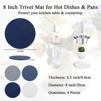 8 Inches Trivets for Hot Dishes, 4 Pieces Cotton Trivets Mats for Kitchen, Hot Pads for Countertops and Table, Heat-Resistant Pot Holders for Hot Pots and Pans(Blue, 4Pcs)