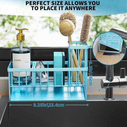 Blue Kitchen Sink Caddy Organzier with High Brush Holder, Sponge Holder for Sink, 304 Rustproof Stainless, Kitchen Countertop Soap Dispenser Organizer, Home Decor and Accessories