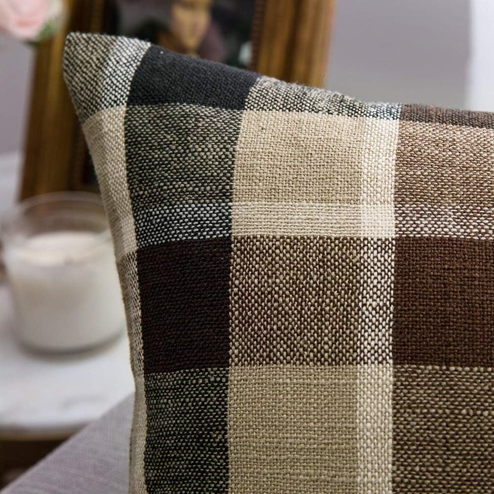 Pack of 2 Decorative Throw Pillow Covers Checkered Plaids Tartan Linen Rustic Farmhouse Square Cushion Case for Bench Sofa Couch Car Bedroom Coffee and Brown 18X18 Inch 45X45 Cm