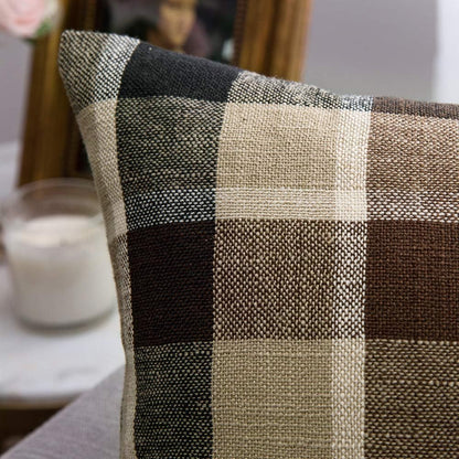 Pack of 2 Decorative Throw Pillow Covers Checkered Plaids Tartan Linen Rustic Farmhouse Square Cushion Case for Bench Sofa Couch Car Bedroom Coffee and Brown 18X18 Inch 45X45 Cm