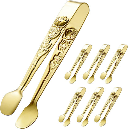 6PCS Mini Serving Tongs 5-Inch Small Rose Sugar Cube Appetizer Tongs, Tiny Metal Tong for Tea Party, Coffee Bar, Desserts (Gold)