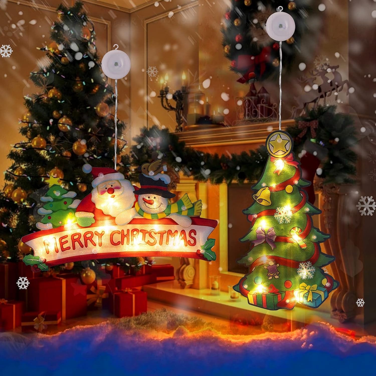 2 PCS Lighted Christmas Window Silhouette Decoration Light up Christmas Tree Merry Christmas Battery Operated with Suction Cup Hook 3M Sticker for Window Christmas Glass Wall Indoor Decorations