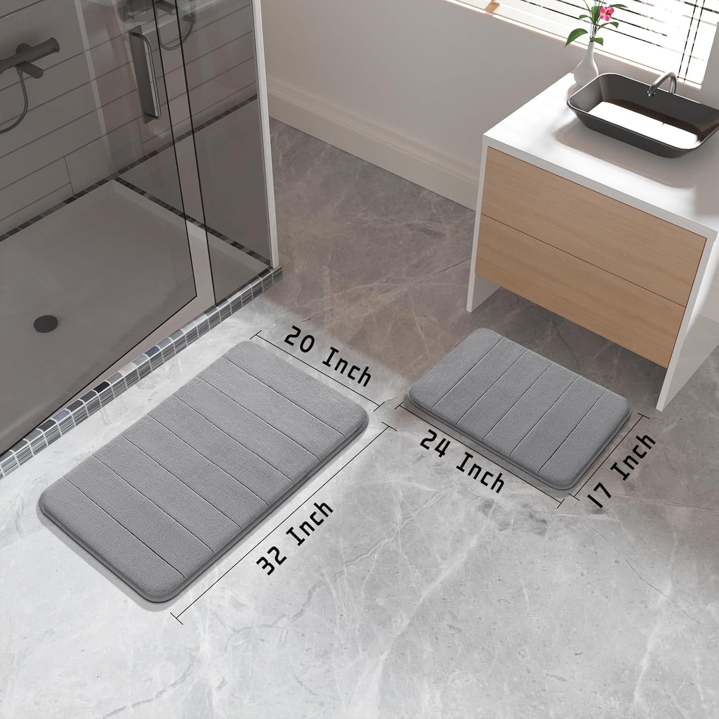 Memory Foam Bathroom Rugs Sets 2 Piece - Super Soft Absorbent Quick Dry Bath Mat Set, Machine Washable Non Slip Floor Carpet for Tub Shower & Single Sink (17X24 & 31.5X20 Inch, Gray)