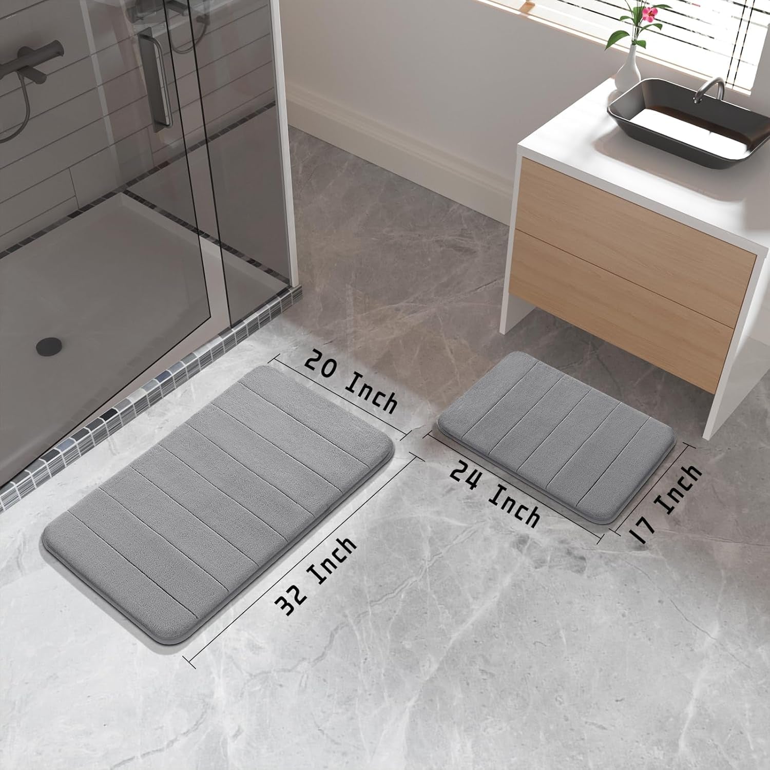 Memory Foam Bathroom Rugs Sets 2 Piece - Super Soft Absorbent Quick Dry Bath Mat Set, Machine Washable Non Slip Floor Carpet for Tub Shower & Single Sink (17X24 & 31.5X20 Inch, Gray)