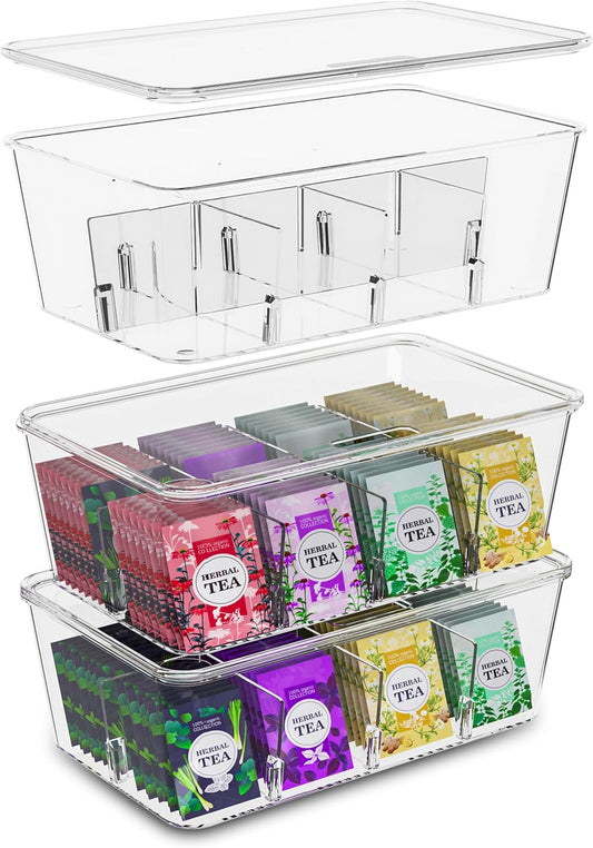 Tea Bag Organizer with Lids – 3 Pack Stackable Pantry, Cabinet & Fridge Storage Organizer for Kitchen, Snacks & Spices