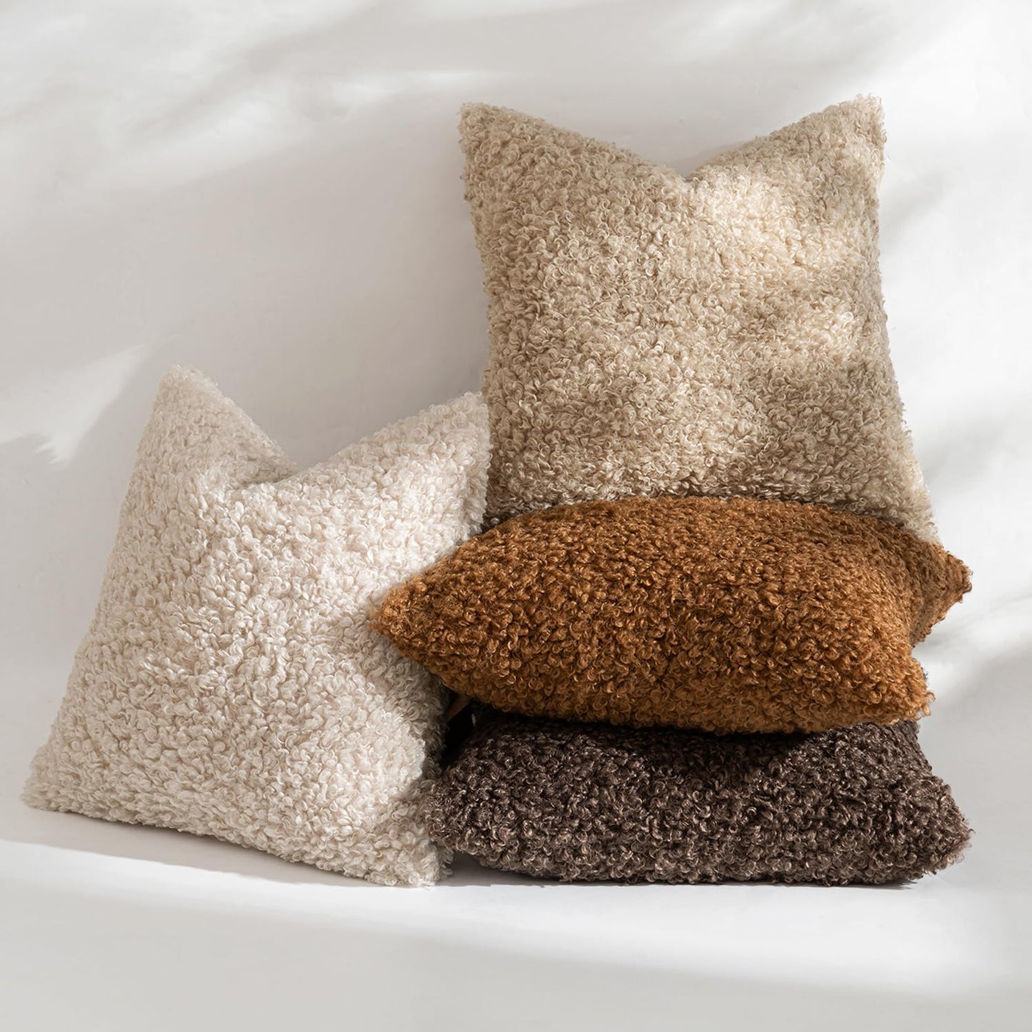 Pack of 2 Faux Fur Throw Pillow Covers 18X18 Inch Bronze Boucle Decorative Sherpa Pillow Covers Fuzzy Accent Soft Sheepskin Fleece for Boho Home Decor Sofa Living Room Couch Bed