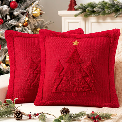 Christmas Trees Pillow Covers Set of 2 Decorative Soft Throw Pillows Plush Faux Fur Wool Embroidered Couch Cushion for Holiday Winter Home Decor Chair Sofa Bedroom Living Room,Red 18X18Inch