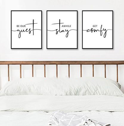 Guest Room Wall Art Be Our Guest Stay Awhile Get Comfy over the Bed Sign Wall Decor Bedroom Artwork Pictures New Home Decor UNFRAMED 11X14Inch