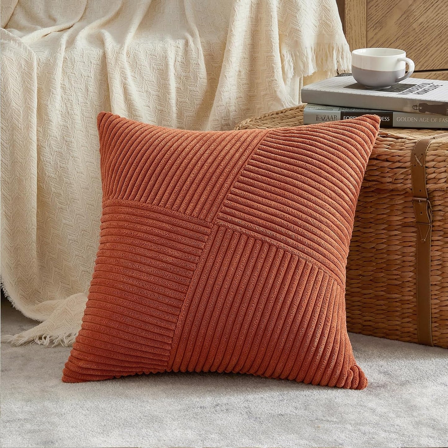 Set of 2 Burnt Orange Boho Decorative Throw Pillow Covers 16X16 Inch with Diagonally Pattern for Living Room Couch Bed Sofa, Soft Textured Corduroy Aesthetic Farmhouse Home Decor 40X40 Cm