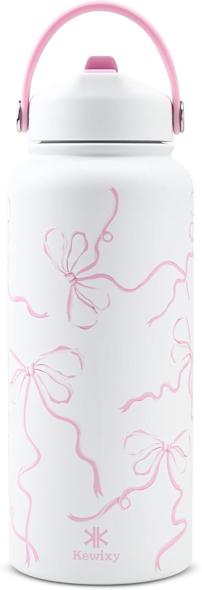 32 Oz Stainless Steel Insulated Water Bottle with Flip Straw and Handle, Leak-Proof, Reusable Wide Mouth Design for Travel, Gym, and School (Breeze Pink Bow)