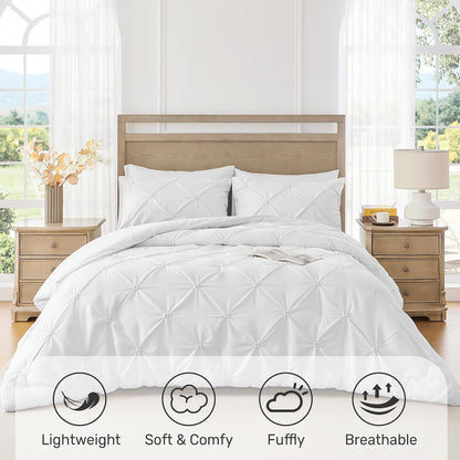 Queen Comforter Set White - Lightweight Soft Pintuck down Alternative Bedding Set for Summer, All Seasons, 3 Pieces Pinch Pleat Solid Bed Set with Comforter, 2 Pillowcases