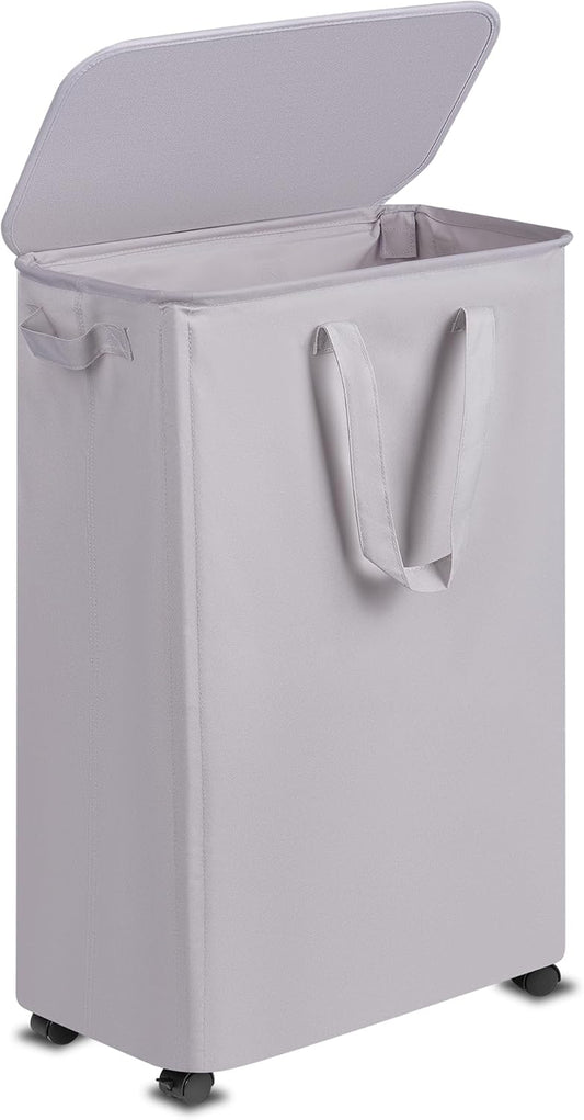Slim Laundry Hamper with Lid and Wheels, Small Rolling Laundry Basket with Handle for Small Spaces, Tall Dirty Clothes Hampers for Dorm, Bathroom and Bedroom, 75L, Grey