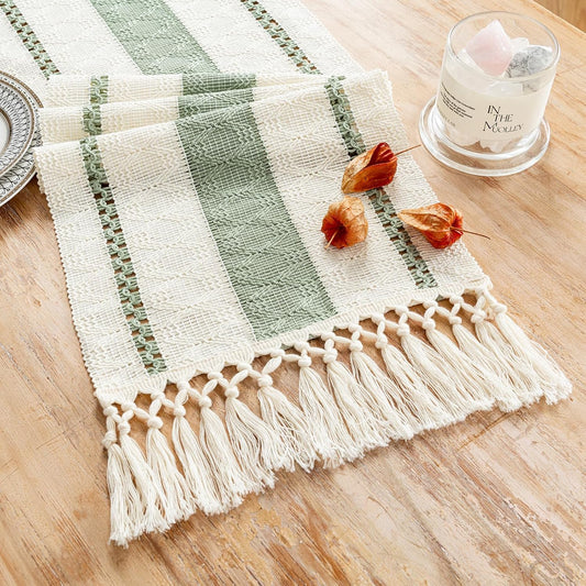 Sage Green Table Runner 72 Inches Long Boho Macrame Table Runner for Home Decor, Farmhouse Table Runners with Tassels for Party Bohemian Rustic Bridal Shower Dining Decor 12X72 Inches