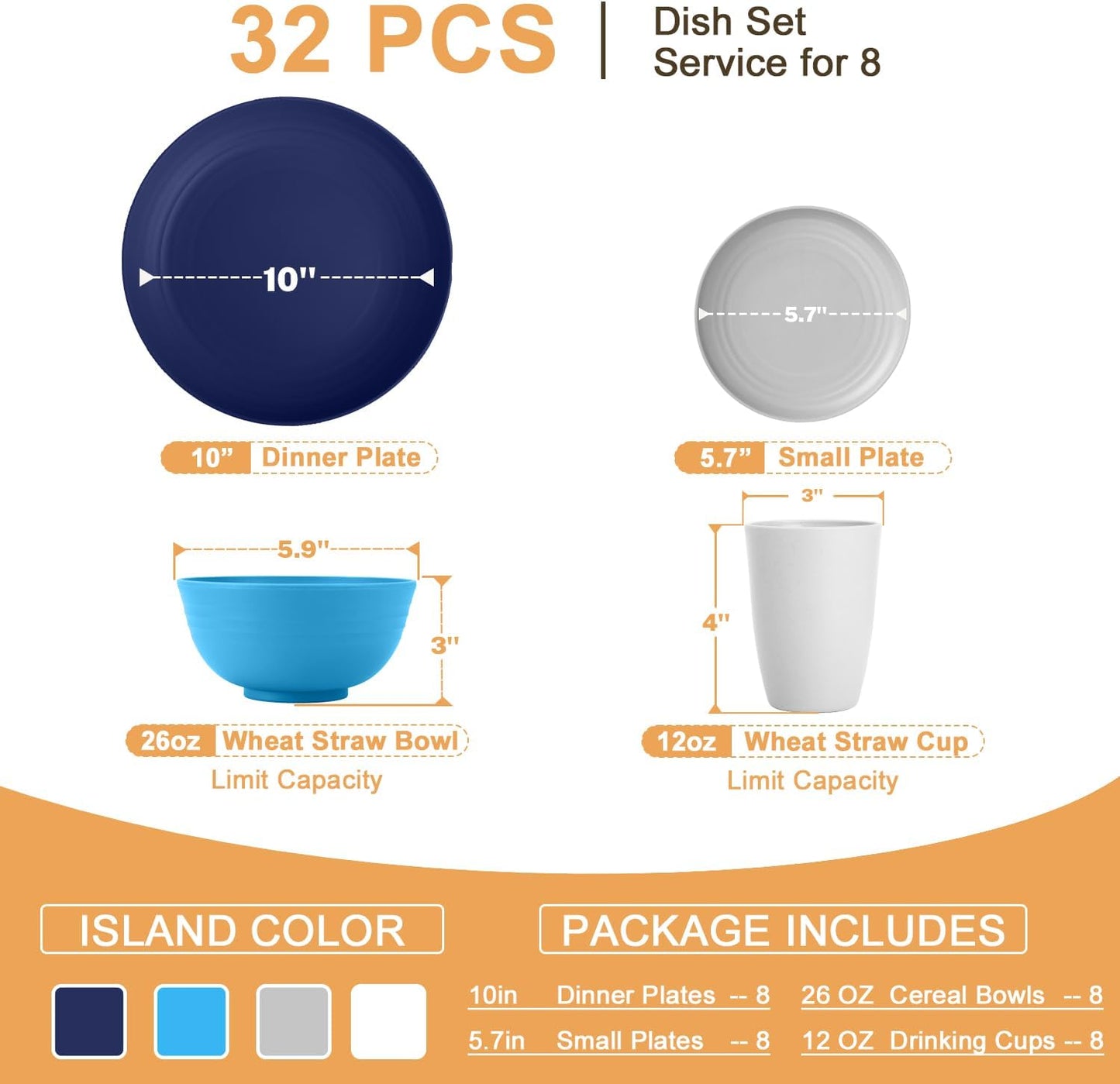 32-Piece Unbreakable Wheat Straw Dinnerware Set - Microwave and Dishwasher Safe Lightweight Plates and Bowls for Kitchen, Camping, and Parties - Island Series