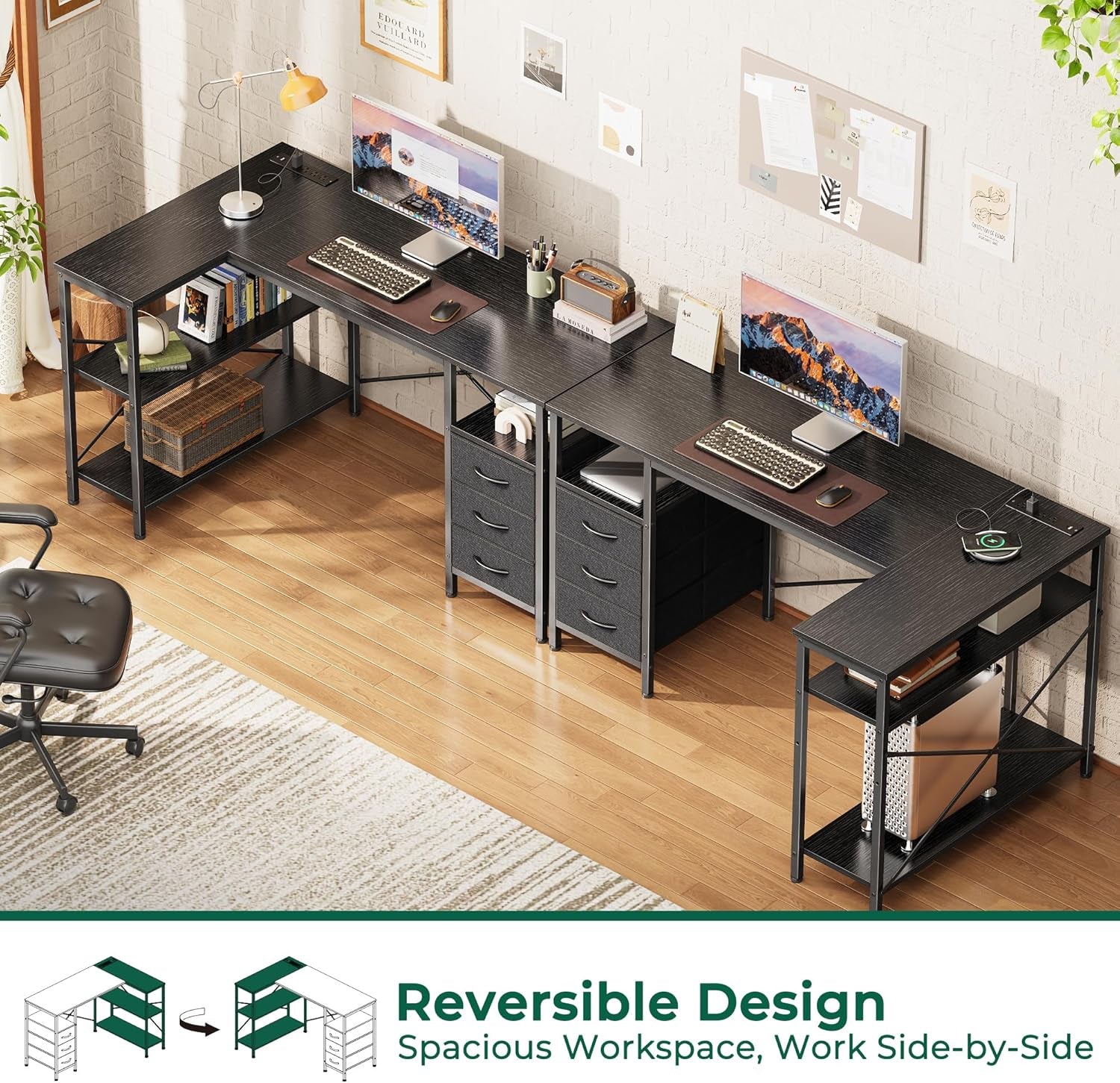 L-Shaped Office Desk with Power Outlets, 47-Inch Computer Desk featuring 3 Drawers and Shelves for Gaming, Home Office, and Study in Black