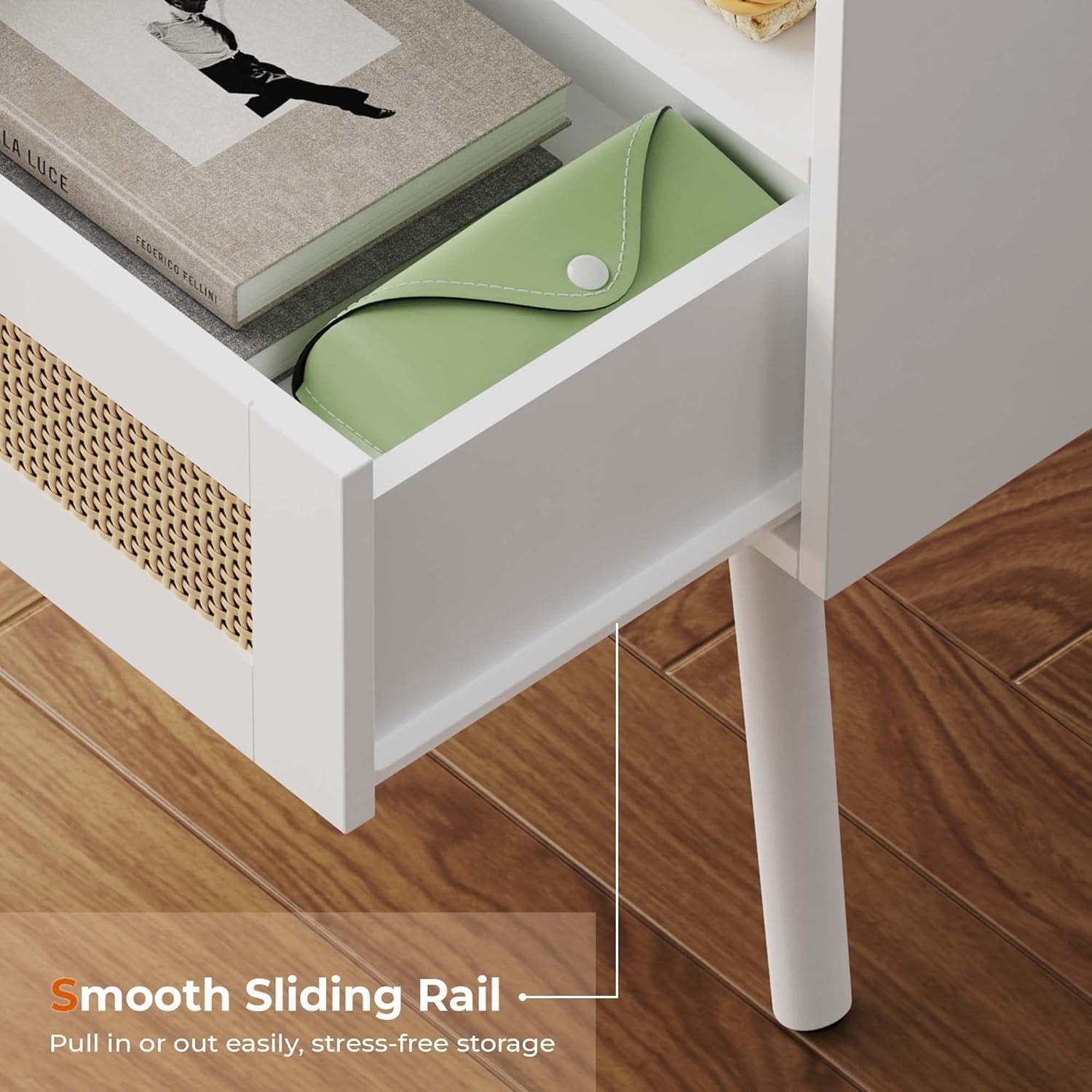 Elegant Nightstand with Integrated Charging Station and Rattan-Inspired Drawer, Solid Wood Leg End Table with Open Storage for Bedroom, Living Room, and Dormitory - White