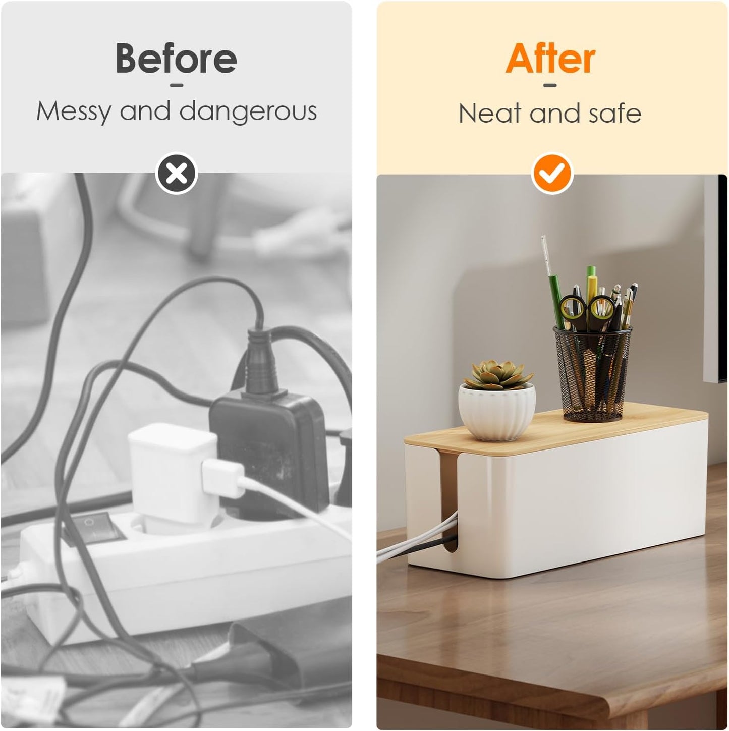2 Pack Cable Management Box, Safe ABS Wood Grain Desk Medium and Small Cord Organizer, Baby-Pet Proof Lock under Desk Cover Hidden for USB Hub TV Wires Computer Desks and Power Strips