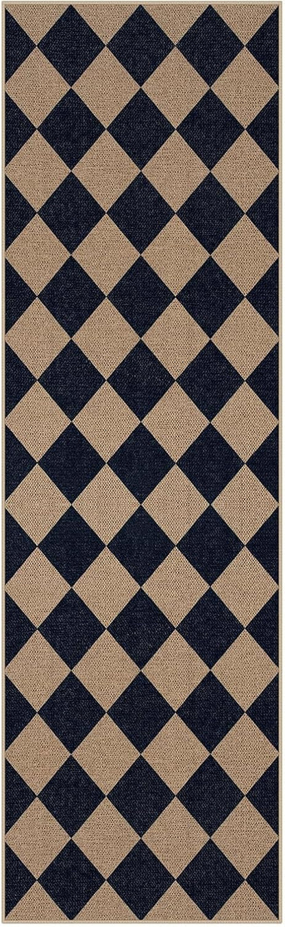 Checkered Easy Jute Runner Rug, Carpet Runners for Hallway 8Ft Washable Rug Non Slip Kitchen Runner, Checkerboard Black Indoor Outdoor Carpet for Entryway