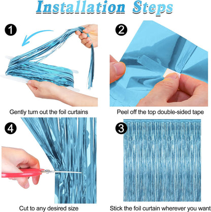 2 Pack Party Decorations, 3.28 FT X 7.05 FT Fringe Backdrop, Metallic Ocean Blue Foil Fringe Curtains Party Streamer Foil Backdrop, Light Blue Birthday Decorations Bachelorette Decor