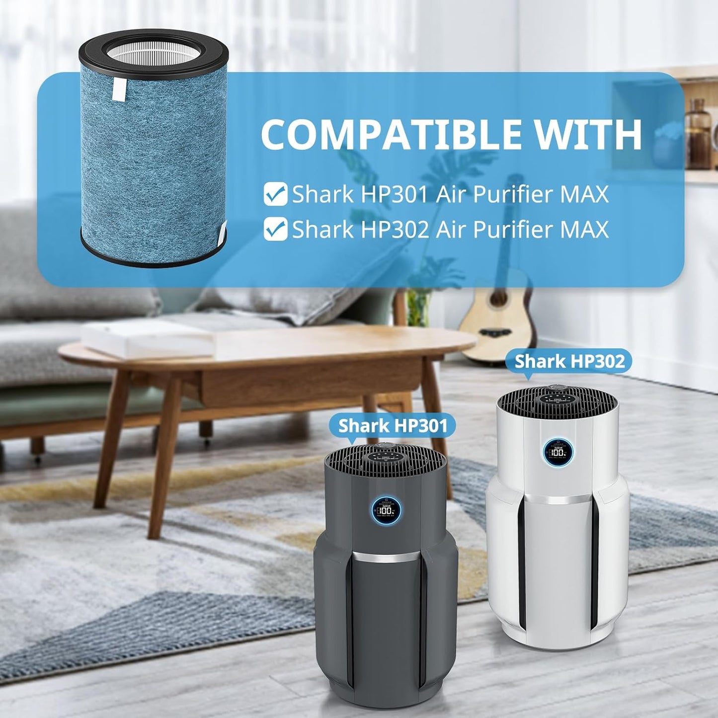 HP302 Replacement Filter for Shark HP302, HP301 Neverchange Air Purifier MAX, and HP200 Series Air Purifier MAX - 3-in-1 Filter, Part # HE3FKPET, Pack of 2