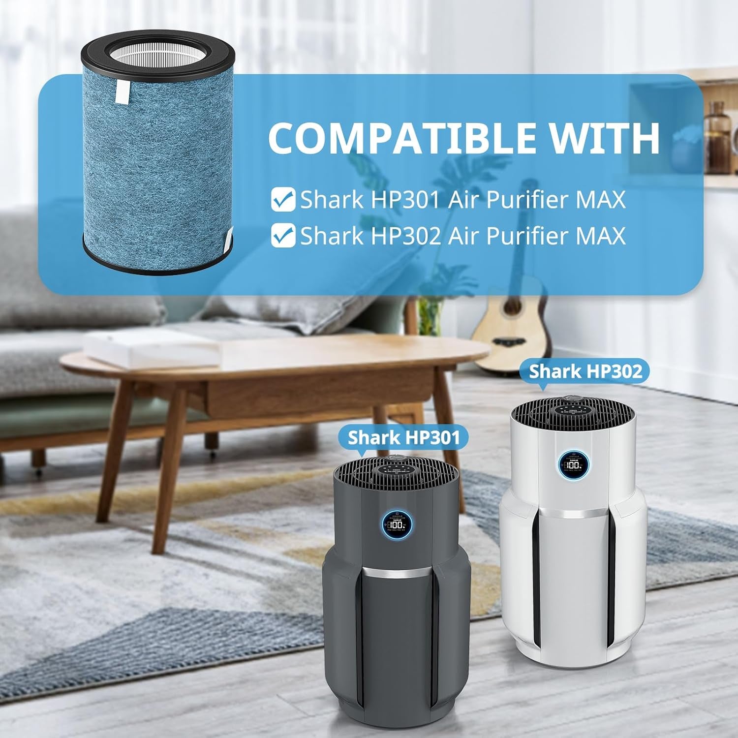 HP302 Replacement Filter for Shark HP302, HP301 Neverchange Air Purifier MAX, and HP200 Series Air Purifier MAX - 3-in-1 Filter, Part # HE3FKPET, Pack of 2