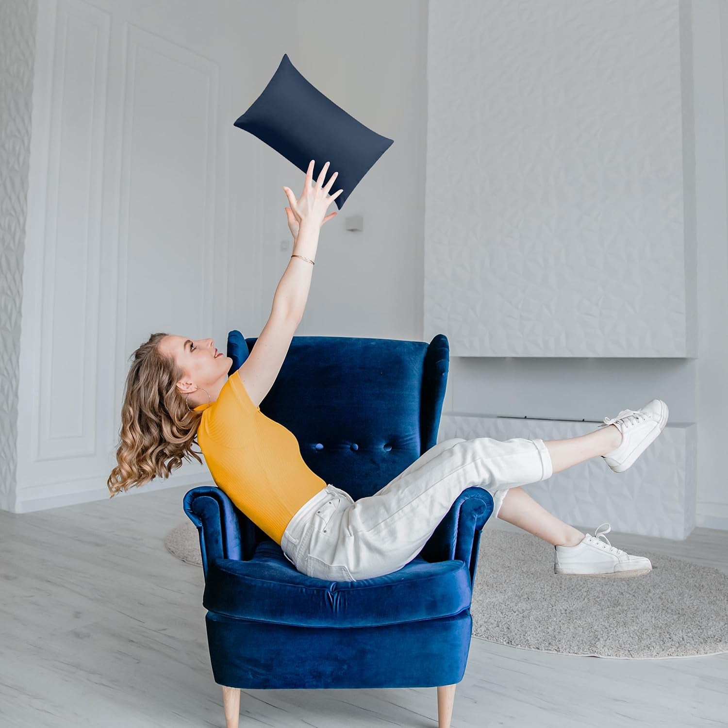 Throw Pillows (Pack of 2, Navy), 12 X 20 Inches Indoor Decorative Pillow Insert for Sofa, Bed and Couch